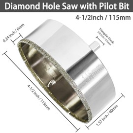 Qjaiune 4-1/2 Inch / 115mm Diamond Hole Saw with Pilot Drill Bit, 1-9/16 Inch Cutting Depth Glass Hole Saw Tile Hole Saw Drill Bit, Ceramic Hole Saw for Marble, Granite, Fiberglass, Porcelain, Quartz