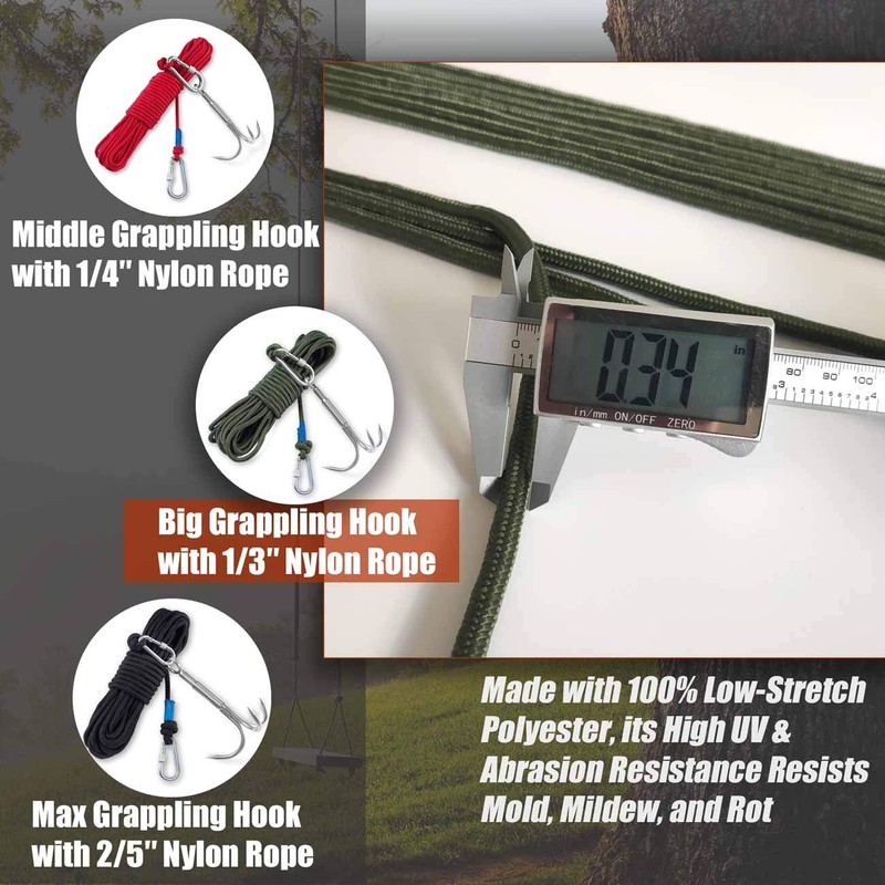 PIOSRTRR Grappling Hook with Rope-Includes Nylon Rope 6/8/10mm 50FT,Functional Grapple