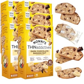 Nonni's THINaddictives Dark Chocolate Banana Nut Crisps 4.4 oz, Lightly Sweet Almond Snack, 6 On-the-Go Packs, 90 Calories, 6 Pack