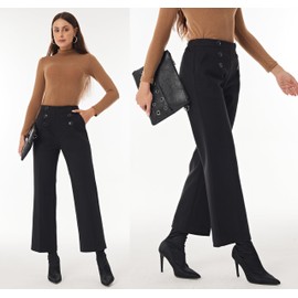 heipeiwa Women's Wool Blend Winter Fall Wide Leg Pull on High Waist Dress Business Casual Pants Black