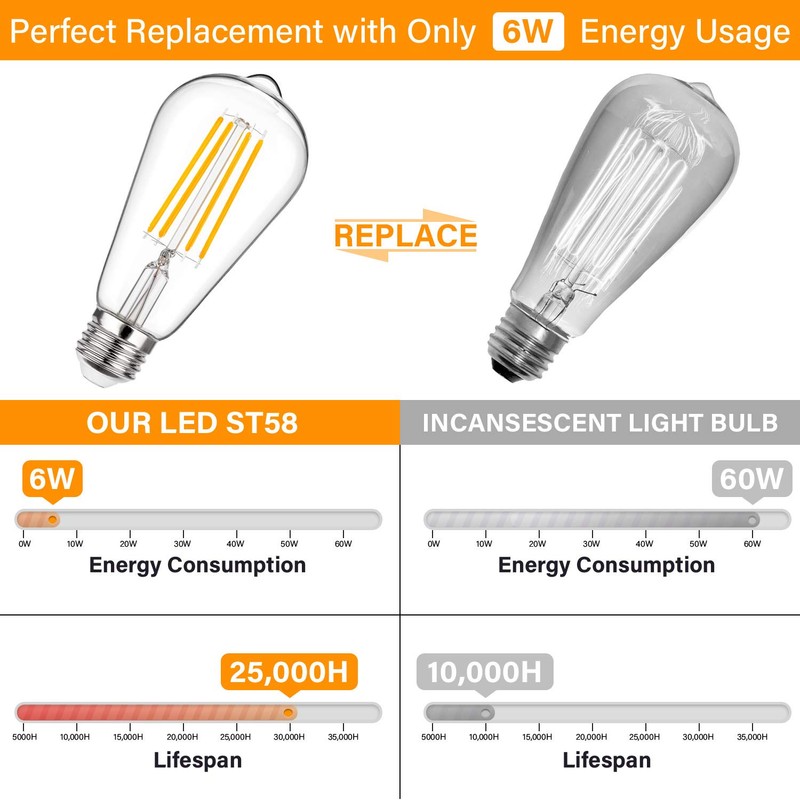 MAXvolador Vintage LED Edison Bulb 60W Equivalent 800LM, 6W ST58
