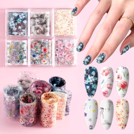 XEAOHESY 6 Boxes Floral Nail Art Foils Transfer Stickers Bow Flowers Decals Nail Transfer Foils