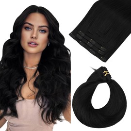 HOTBANANA Invisi Edge Clip in Hair Extensions, 20inch 110g 7Pcs Injected Seamless Clip in Extensions Real Human Hair Jet Black PU Hair Extensions Straight Hair