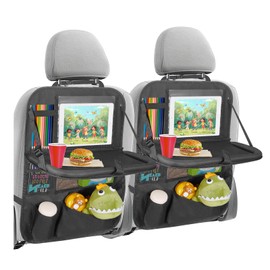 KOHUIJOO Backseat Car Organizer with Tablet Holder,6 Storage Pockets Car Seat Storage Organizer with Foldable Food Tray, Over Car Seat Organizer Kick Mats Back Seat Protector