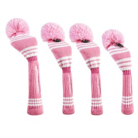 Golf Club Headcover | Tour Fit Double Layer Pom Pom Premium Knitted Golf Head Cover | Driver, Fairway, Rescue | Set of 3 or 4 | Pink/White for Ladies Golf Clubs (Set of 4 Covers)