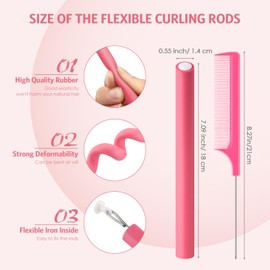 Syhood 30 Pcs 7'' Flexible Curling Rods Twist Foam Hair Rollers Soft Foam No Heat Hair Rods Rollers and 1 Steel Pintail Comb Rat Tail Comb for Women Long Short Hair(Pink,7 x 0.55 Inch)