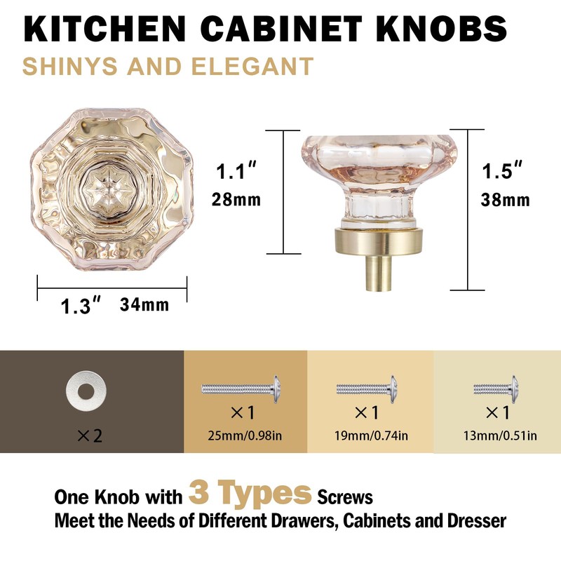HIEMEY Glass Cabinet Knobs and Pulls16 Pack, Octagon Champagne Crystal