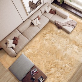 Tangsoo 6x9 Feet Faux Fur Area Rug, Beige Living Room Rugs Faux Sheepskin Fur Rug for Bedroom, Fluffy Washable Rug Large Rug for Plush Rug Fuzzy Floor Rug Home Decor Rectangle