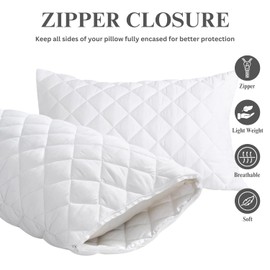 4AS Quilted Pillow Protectors 48x74cm – 100% Cotton, Breathable, Zipped Pillow cases 2-Pack (White)
