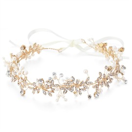 Hanfluenve Pearl Crystal Headpiece for Girls Princess Headband Trendy Leaf Tiara Bridesmaid Rhinestone Crown Fairy Dress Woman Hair Accessory for Wedding Engagement (gold1)