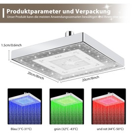 8 Inch (20 cm) Shower Head Rain Shower LED Shower Head Rain Shower Head with 3 Colours Temperature Control High Flow Shower Head Square for Home Bathroom
