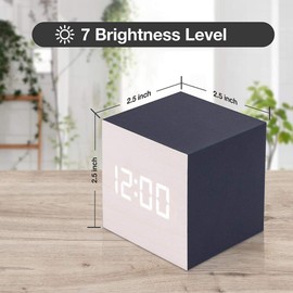 Wooden Alarm Clock Wood LED Square Cube Digital Thermometer Timer Calendar Brighter LED-Blue
