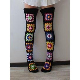 Mylleure Crochet Socks for Women Y2k Granny Square Over Knee High Stockings Warm Chunky Knitted Long Leg Warmers Boot Socks (Black (Random Square), ONE SIZE)
