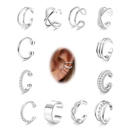 FUNRUN JEWELRY Ear Cuffs Non Piercing for Women 14 K Gold Silver plated Cuff Earrings Cubic Zirconia Huggie Ear Cuff Clip on Cartilage Earring Fake Earrings Lightweight 12PCS (Silver)