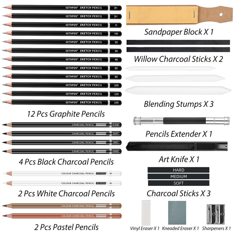 GETHPEN Sketch Pencils for Drawing,34 Pcs,Graphite Pencil (14B-4H), Charcoal Pencil,With