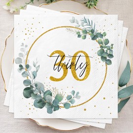 Wentsent Sage Green 30th Birthday Napkins for Women Men, Happy 30th Birthday Gold Napkins Eucalyptus Serviettes for Anniversary Cocktail Party Decoration