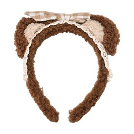 Brown Bear Ears Spa Headband for Washing Face Hair Band Furry Makeup Head Band with Bow Khaki Animal Ears Hairband for Girls Non Slip Soft Lace Hair Accessories for Women Plush Skin Care Hair Headband
