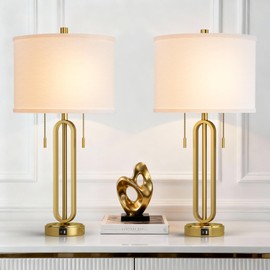 HIGHTRY 26.5" Set of 2 Industrial Table Lamps with USB C+ A Ports, Gold Metal Bedside Lamps, Pull Chain, Modern Farmhouse Nightstand Lamp for Bedroom, Living Room, Home Office with White Shade