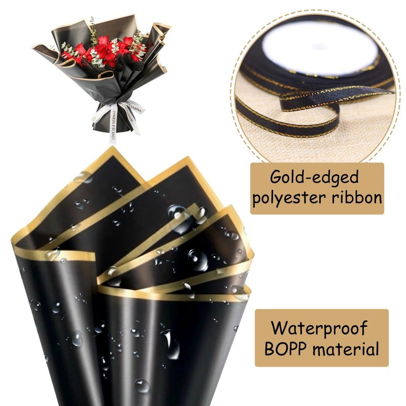 20 Bouquet Wrapping Paper and 1 Roll Ribbon, Waterproof Packaging