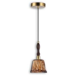 LUXWELL Modern Amber Glass Pendant Light, 4.15"x4.15" Hanging Fixture with Golden Wood Handle & Brass Cap, 15"-72" Adjustable Line, E26 Socket – Golden Amber Square