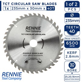 (Pack Of 2) Rennie Tools - 235mm x 30mm x 40T & 80T TCT Circular Wood Saw Blades Includes 25mm 20mm & 16mm Bore Reduction Rings. Compatible with Bosch Makita Dewalt Circular Saw Etc. 235mm Saw Blade