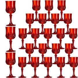 XKXKKE 24 Pcs Red Plastic Wine Glasses, Plastic Water Goblets for Parties, Stemmed Drinking Glasses for Wedding Reception, Grand Event Party Bar Supplies Reusable Drinking Cups