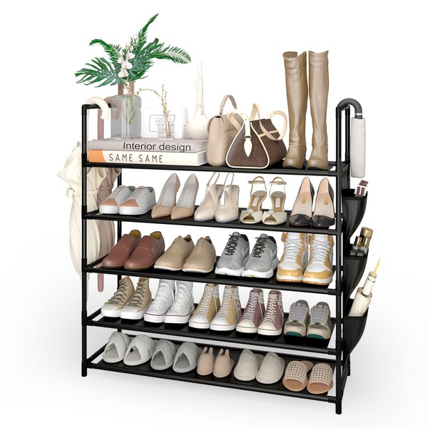 MayDiary 5 Tier Shoe Rack with Side Pocket,Metal Black Shoe