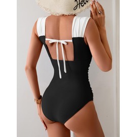 B2prity Womens One Piece Swimsuit Retro Square Neck Tummy Control Bathing Suits Ruched Modest Full Coverage Swimwear Black,White