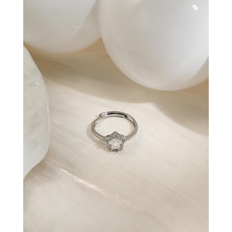 Watforsh Silver Star Celestial Crystal CZ Stone Y2k Stackable Adjustable