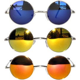 Round Retro Vintage Mirrored Lens Sunglasses Silver Metal Frame Blue Yellow Blue-Red 3 Pairs OWL