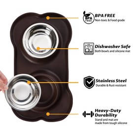 Hubulk Pet Dog Bowls 2 Stainless Steel Dog Bowl with No Spill Non-Skid Silicone Mat + Pet Food Scoop Water and Food Feeder Bowls for Feeding Small Medium Large Dogs Cats Puppies (Medium, Chocolate)