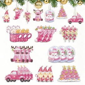 24PCS Pink Christmas Hanging Ornaments, Vintage Pink Wooden Gnome Snowman Reindeer Crafts Christmas Tree Hanging Decorations with Ropes for Xmas Tree, Winter, Home, Farmhouse Decor