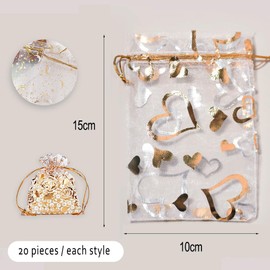 MSLSOZ 60 pieces of drawstring organza bag, white gold gift packaging bag, star moon/heart/rose pattern, suitable for wedding, birthday party, party favour wrap, 10 × 15cm.