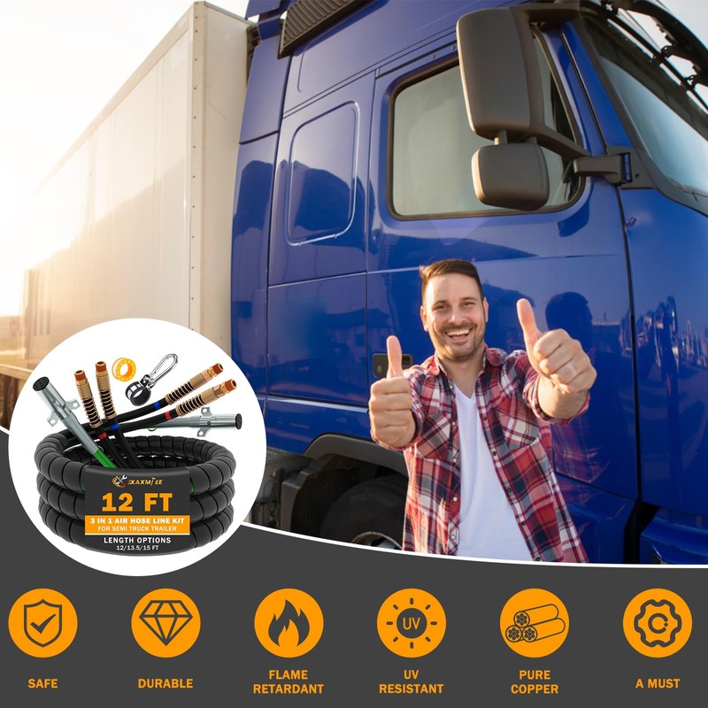 XaXmTee 12FT Semi Truck Air Lines Kit 3IN1 Trailer Cord