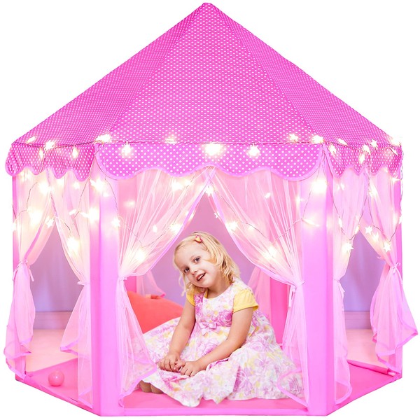 Princess Castle Play Tent for Girls: Sumerice Girls Play Tent with Lights - Pink Kids Playhouse Tent Indoor Outdoor Games - Hexagon Children Play House Fairy Tent Toys Toddler Gifts