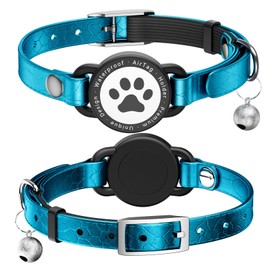 Leather Airtag Cat Collar - Waterproof Cat Collar AirTag Holder with Metal Buckle | Comfortable, Glossy Cats Tracker Collars with Bell for Girl Boy Cats, Kittens, and Puppies (Blue)