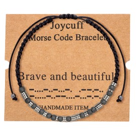 JoycuFF Morse Code Bracelets for Women Gifts for Friends Female Brave Beautiful Mothers Day Birthday Christmas Gifts Jewelry Cord Wrap Bracelet with Black Obsidian Beads