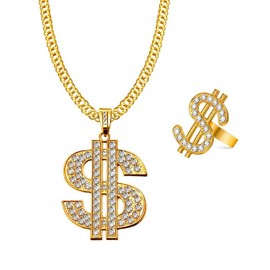 JKJF Dollar Sign Necklace Rings Set Hip Hop Dollar Necklace Collar 80s 90s Rapper Gold Chain for Men Women Theme Party Carnival Party Cosplay Accessories - Open Ring