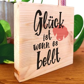 Hundepapa Geschenk - Glück bellt Holzbild 11x11x2cm zum Hinstellen auf's Regal/Sideboard mit Reagenzglas - Hundemama, Sprüche, Geschenk Aufmerksamkeit, Holzbilder, Bilder mit Sprüchen, Lebensweisheit