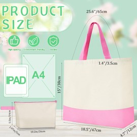 Sanwuta 24 Pcs Canvas Tote Bags Bulk 18.5" Cotton Cosmetic Bags with Zipper Reusable Shopping Tote with Handles(Pink and Beige)