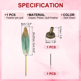 PATIKIL Feather Pen Quill, Feather Ballpoint Pen Bulk Refined Vintage Feather Calligraphy Pen with Bronze Pen Holder for Guest Signature Wedding Bridal Office Writing, Dark Green
