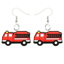 Fire Engine Earrings Hypoallergenic Silver Plated Fishhooks Yazzle Dazzle Fire Truck Firefighter