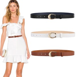 Zimoer 3Pieces Skinny Leather Belts Women,Slim Thin Waist Belt,Fashion Slim Belts for Dress,Thin Waistband Belts with Metal Buckle,for Jeans Coat Dress Pants (Black+White+ Khaki)