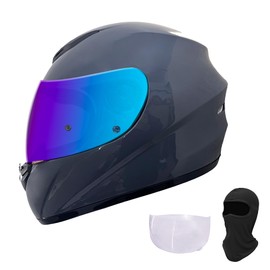 KRN Full Face Motorcycle Motorbike Helmet with Color Visor DOT Approved- Helmet & Balaclava & Clear Visor Gloss Gray (S)