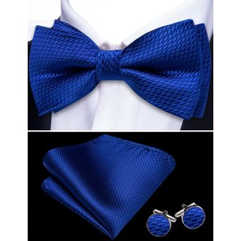 Barry.Wang Royal Blue Bow Ties for Men Pre-tied Bow Tie with Pocket Square Cufflinks Set Solid Color Checkered Bowties