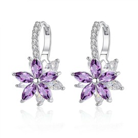 Josfeva Silver Hoop Earrings for Women, White Gold Plated Double Flower Hoop Earring with Purple Cubic Zirconia, Hypoallergenic Crystal Hoop Earrings, Size:13mm * 22mm, Gift for Women Girls