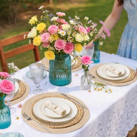 Handmade Round Boho Placemats Set of 6 | Natural Woven & Polyester Braided Combo Table Mats | 12-Piece Versatile Place Mats | Simple Rustic Farmhouse Style Dining Table Decor, Beige