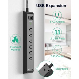 2 Pack Surge Protector Power Strip with 6 Outlets 2 USB Ports 5-Foot Long Heavy-Duty Braided Extension Cords Flat Plug 900 Joules 15A Circuit Breaker Wall Mount for Home Office ETL Listed