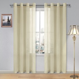 DWCN Beige Sheer Curtains Textured Semi Transparent Eyelet Top Decorative Voile Curtain for Living Bedroom, 52" Wide x 90" Drop, 2 Panels