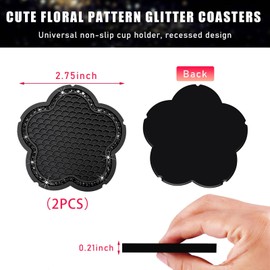 2 PCS Bling Car Cup Holder Coaster, 2.75 Inch Anti-Slip Rhinestone Auto Insert Cup Coaster, Universal Vehicle Cute Plum Blossom Crystal Drink Cup Mat for Women Girls (Black)